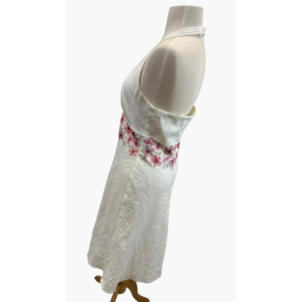 Ann Taylor Y2K Ivory Linen Floral Embroidered Halter Mini Dress Size 8 Coquette - Picture 7 of 15